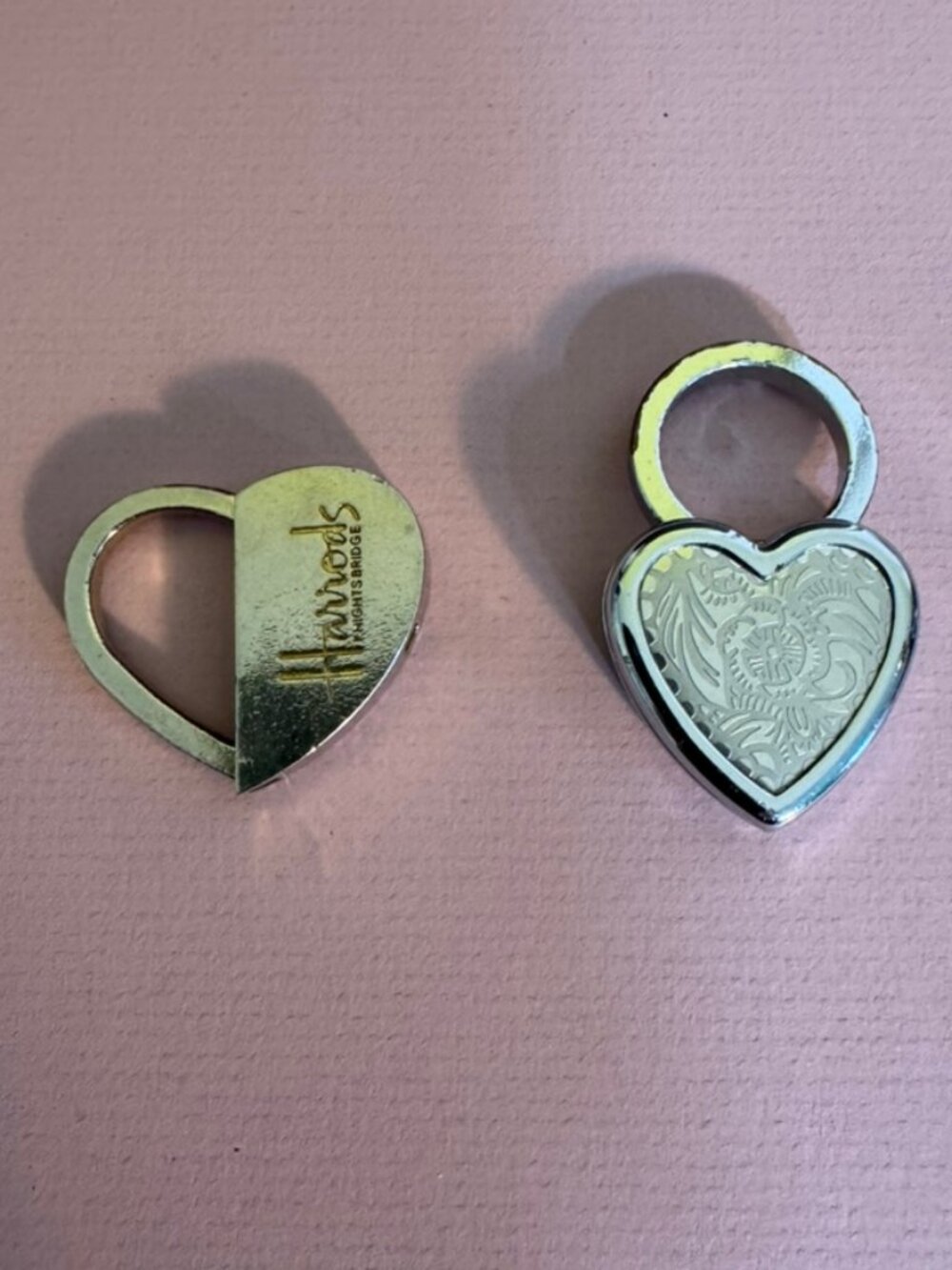 2 Vtg Harrods Silver-Tone Heart Shape Convertible Key Rings/Charms, Logo-Rare
